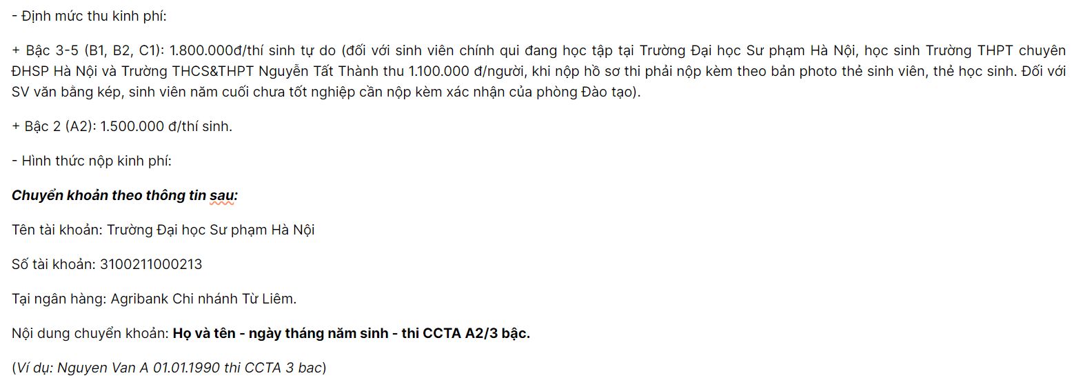 Lệ phí thi VSTEP HNUE