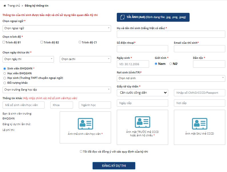 Đăng ký dự thi online của trường Đại học Ngoại ngữ - Đại học Quốc gia Hà Nội