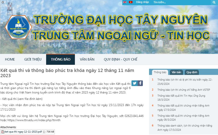 Tra cứu kết quả thi VSTEP Trường Đại học Tây Nguyên