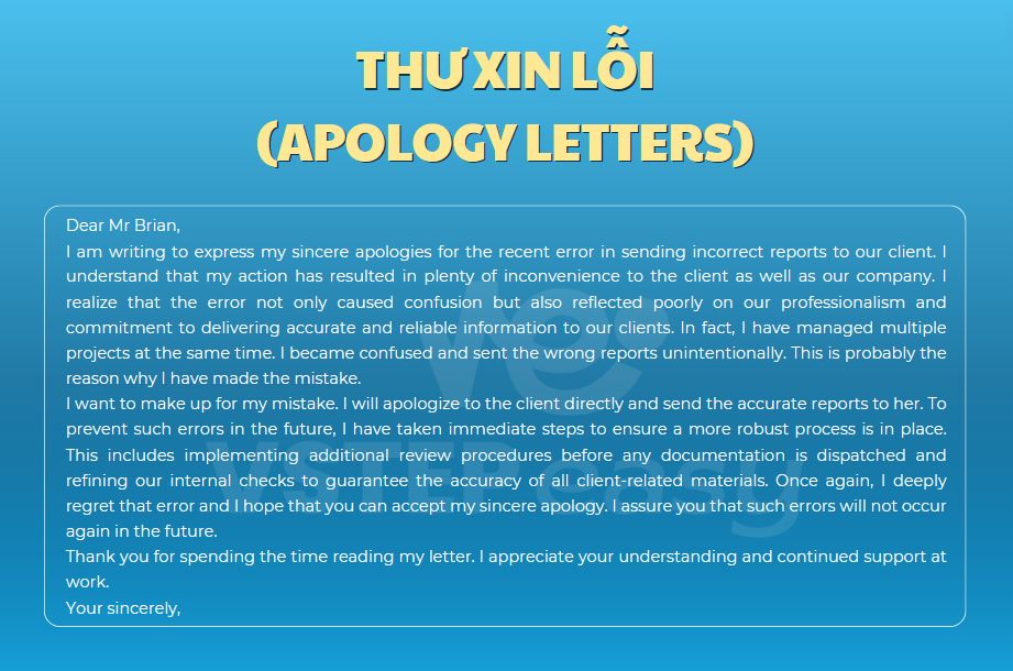 Ví dụ về Thư xin lỗi (Apology Letters)