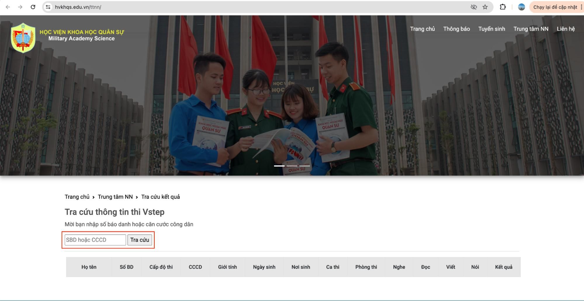 Tra cứu kết quả thi VSTEP tại Học viện Khoa học Quân sự