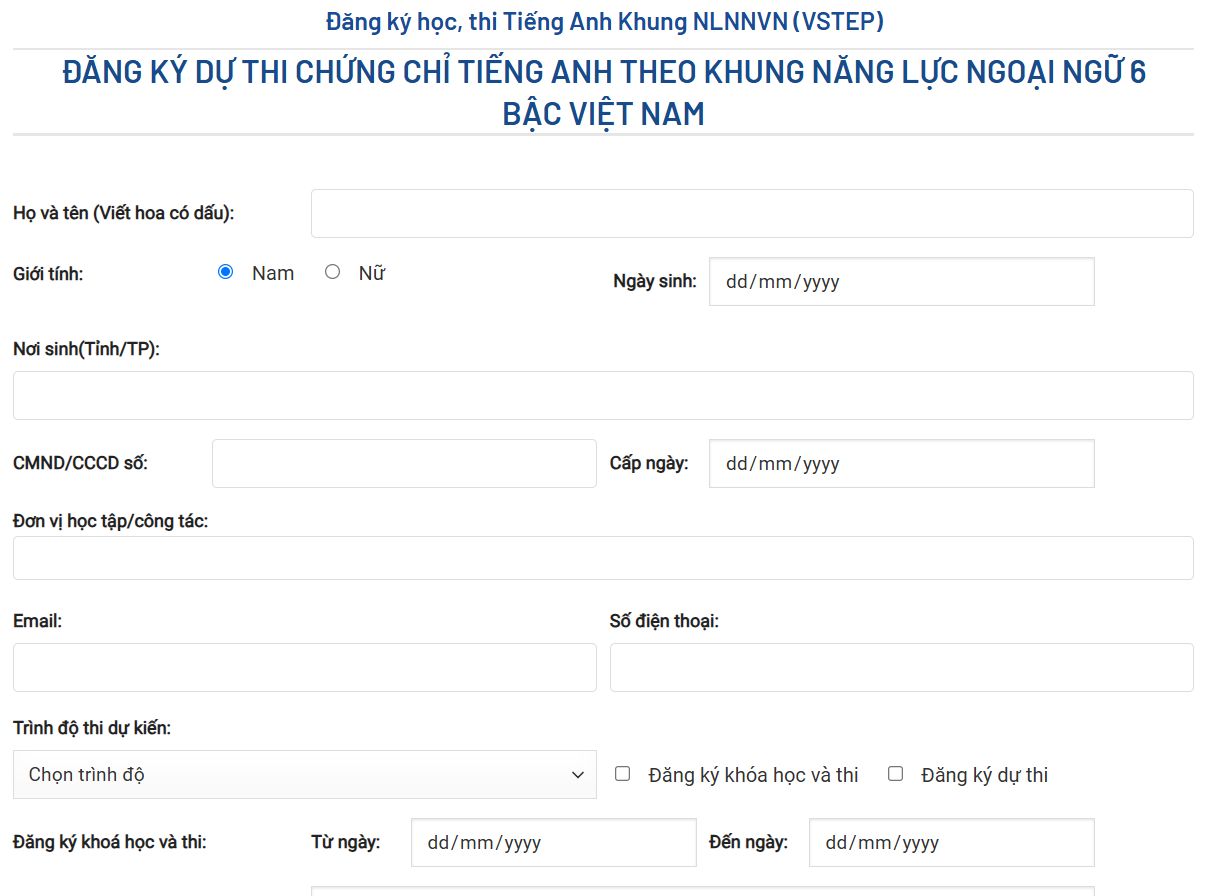Form đăng ký dự thi VSTEP tại Học viện An Ninh Nhân dân
