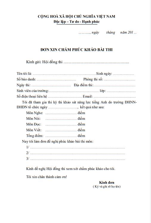 Biểu mẫu phúc khảo của Trường Đại học Văn Lang