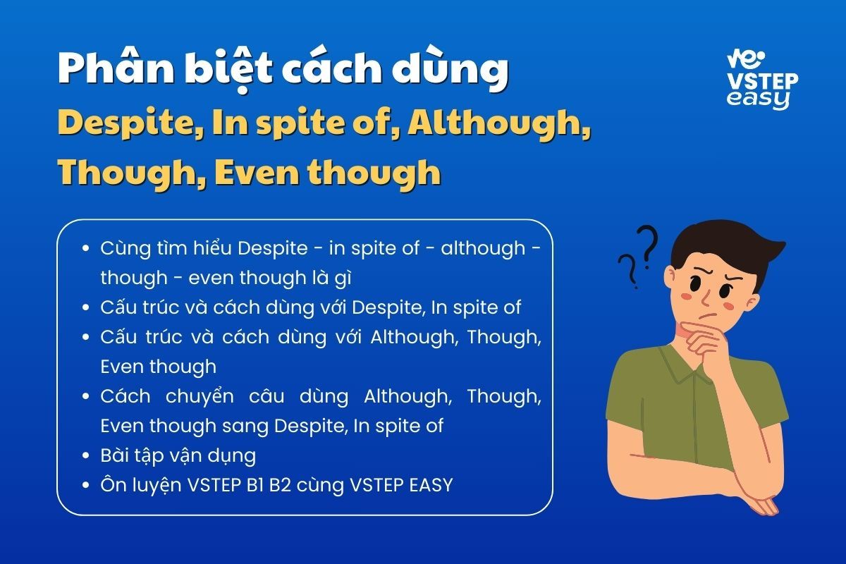 Phân biệt cách dùng Despite, In spite of, Although, Though, Even though