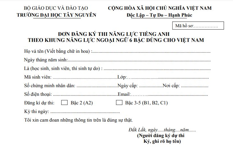 Đơn đăng ký thi VSTEP Trường Đại học Tây Nguyên