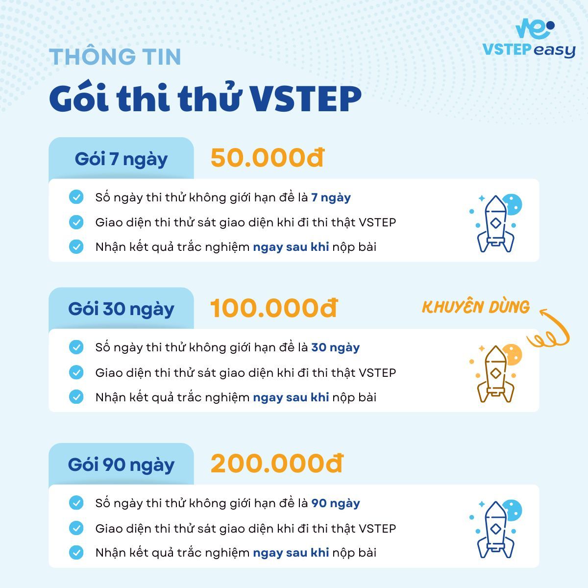 Thông tin Gói Thi thử VSTEP tại webiste thi thử của VSTEP EASY