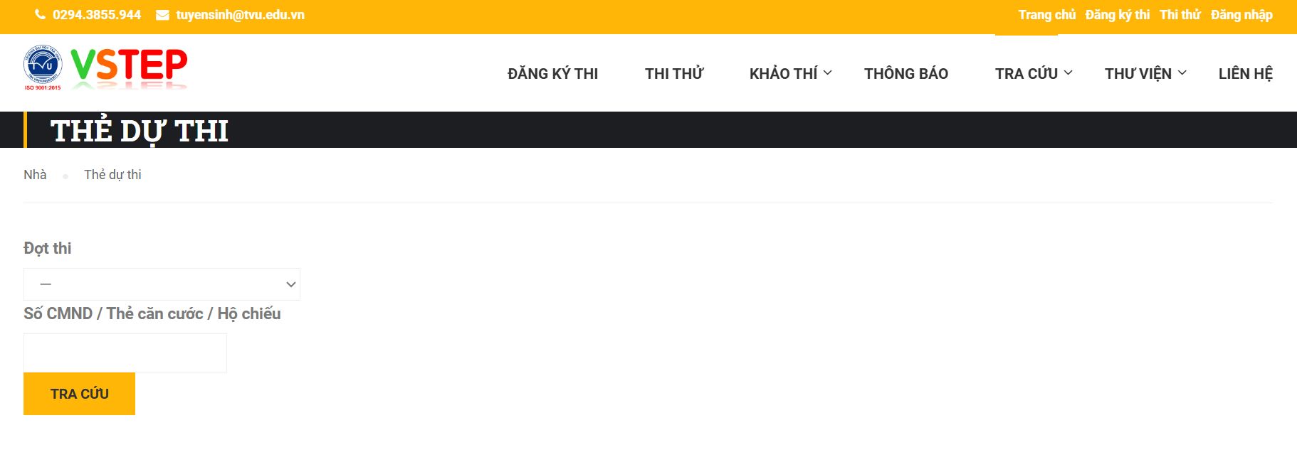 Tra cứu thẻ dự thi tại website Trung tâm ngoại ngữ Trường Đại học Trà Vinh