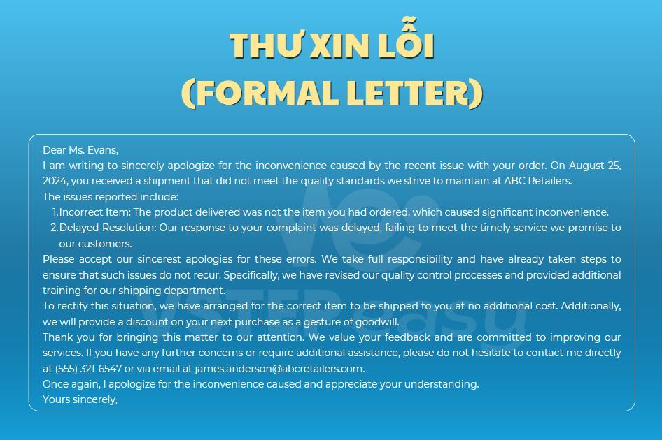 Ví dụ về Thư xin lỗi (Formal letter)