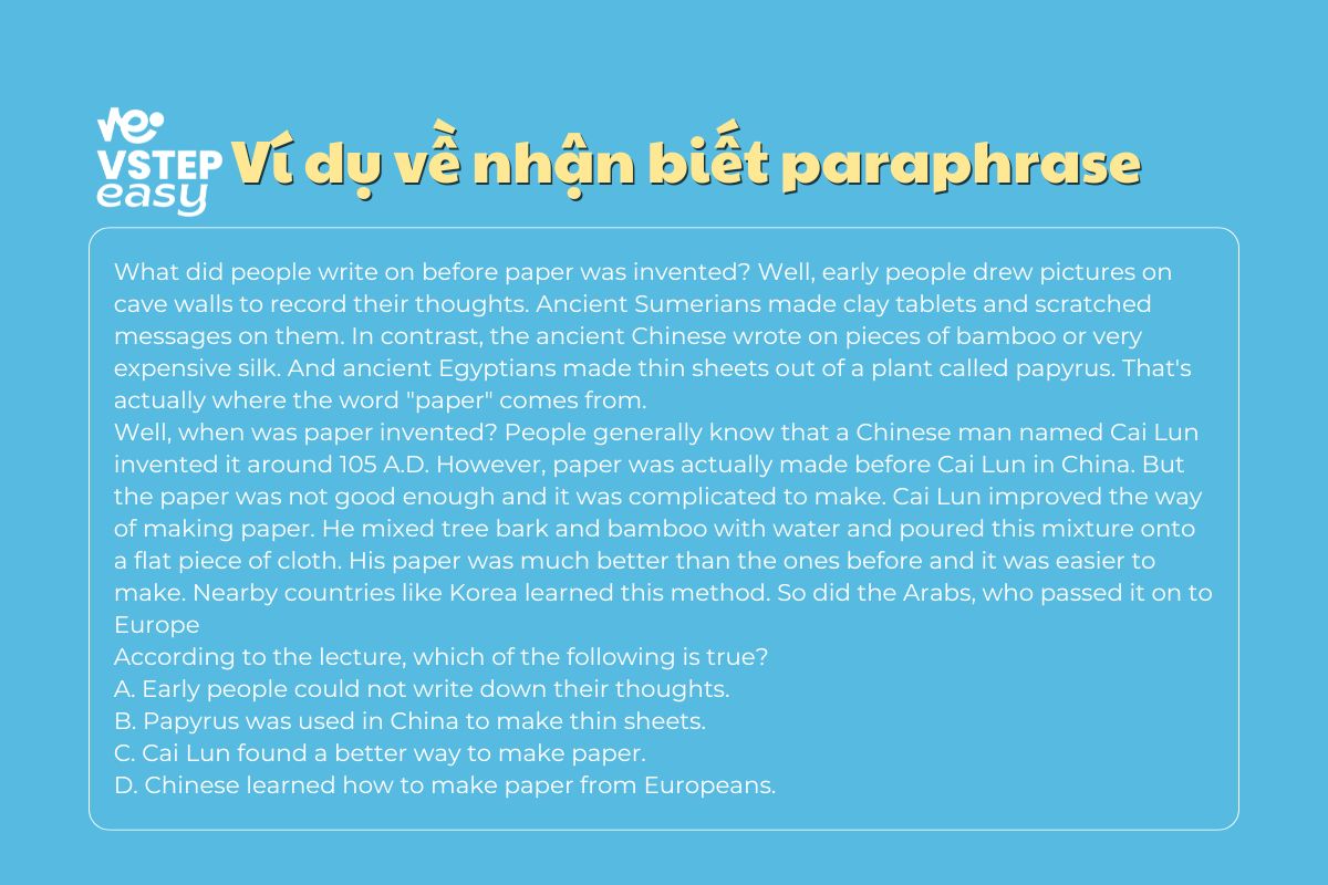 Ví dụ về dạng bài nhận biết paraphrase