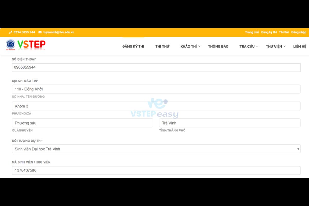 Phiếu đăng ký thi VSTEP Trường Đại học Trà Vinh 1