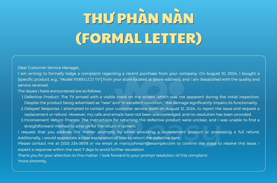 Ví dụ về Thư phàn nàn (Formal letter)