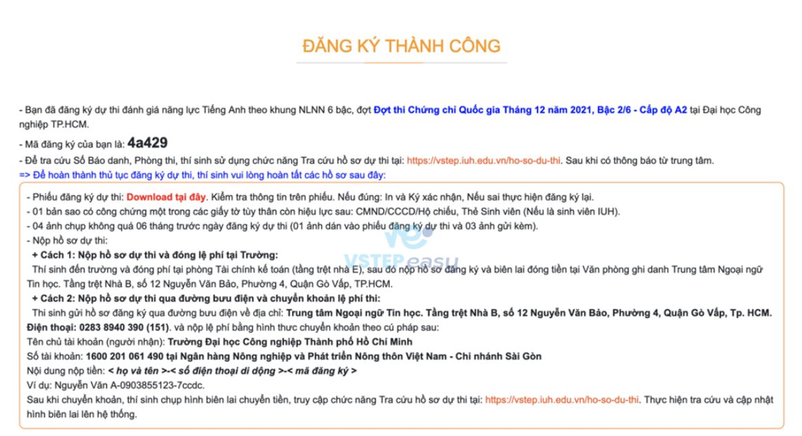 Thông báo sau khi đăng ký thành công