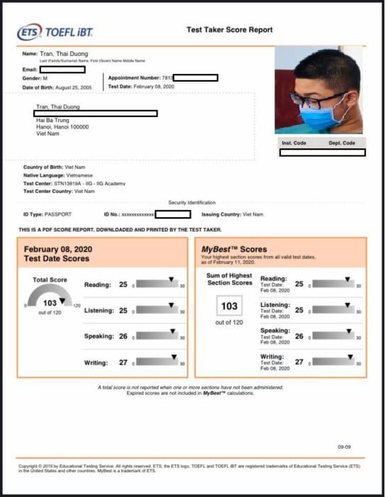 Hình ảnh chứng chỉ Tiếng Anh TOEFL