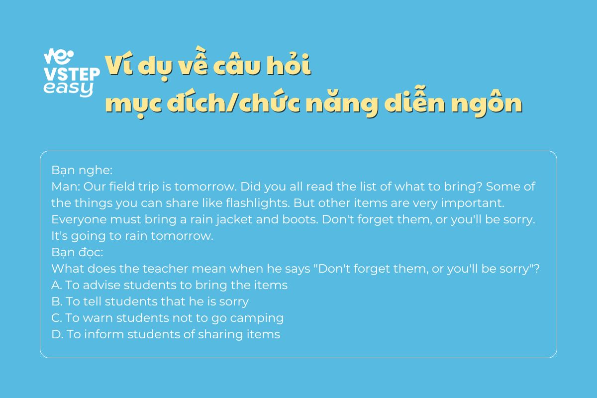 Ví dụ về dạng bài câu hỏi mục đích/chức năng diễn ngôn 