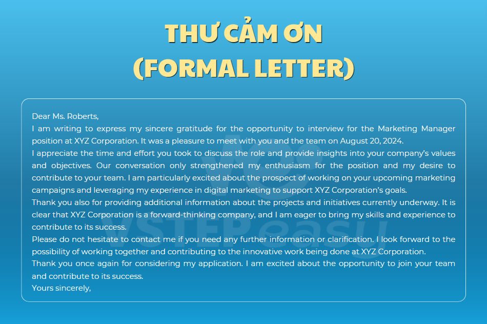 Ví dụ về Thư cám ơn (Formal letter)